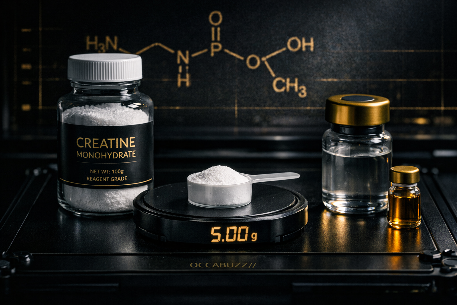 ◇ THE SPECIMEN — CREATINE MONOHYDRATE, MEASURED AT THE 5 g CLINICAL DOSE. THE MOST-STUDIED, CHEAPEST, MOST MISUNDERSTOOD MOLECULE IN THE FIELD.