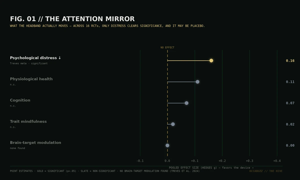 FIG. 01 // THE ATTENTION MIRROR — POOLED EFFECT SIZES ACROSS 16 RCTs. ONLY DISTRESS CLEARS SIGNIFICANCE, AND NO BRAIN-TARGET MODULATION WAS FOUND.