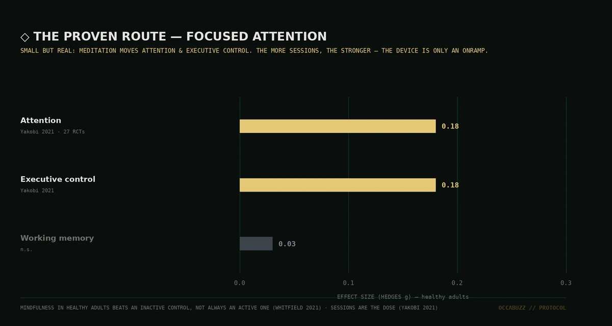 ◇ THE PROVEN ROUTE — FOCUSED-ATTENTION MEDITATION MOVES ATTENTION & EXECUTIVE CONTROL (g≈0.18); SESSIONS ARE THE DOSE